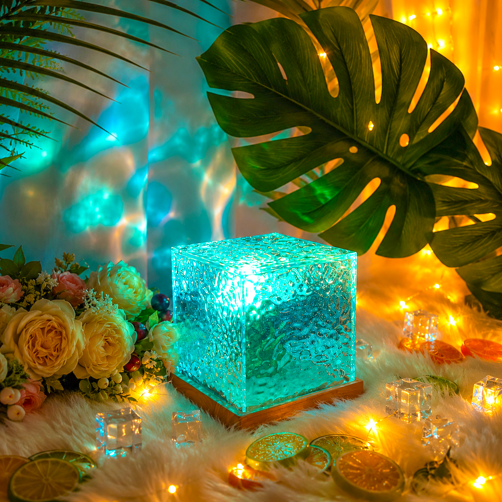 Crystal LED Ocean Wave Projector Cube Lamp – 16 Color Water Ripple Night Light (15cm)