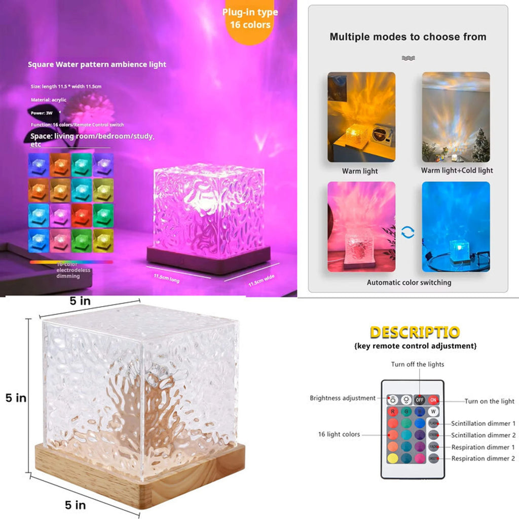 Crystal LED Ocean Wave Projector Cube Lamp – 16 Color Water Ripple Night Light (15cm)