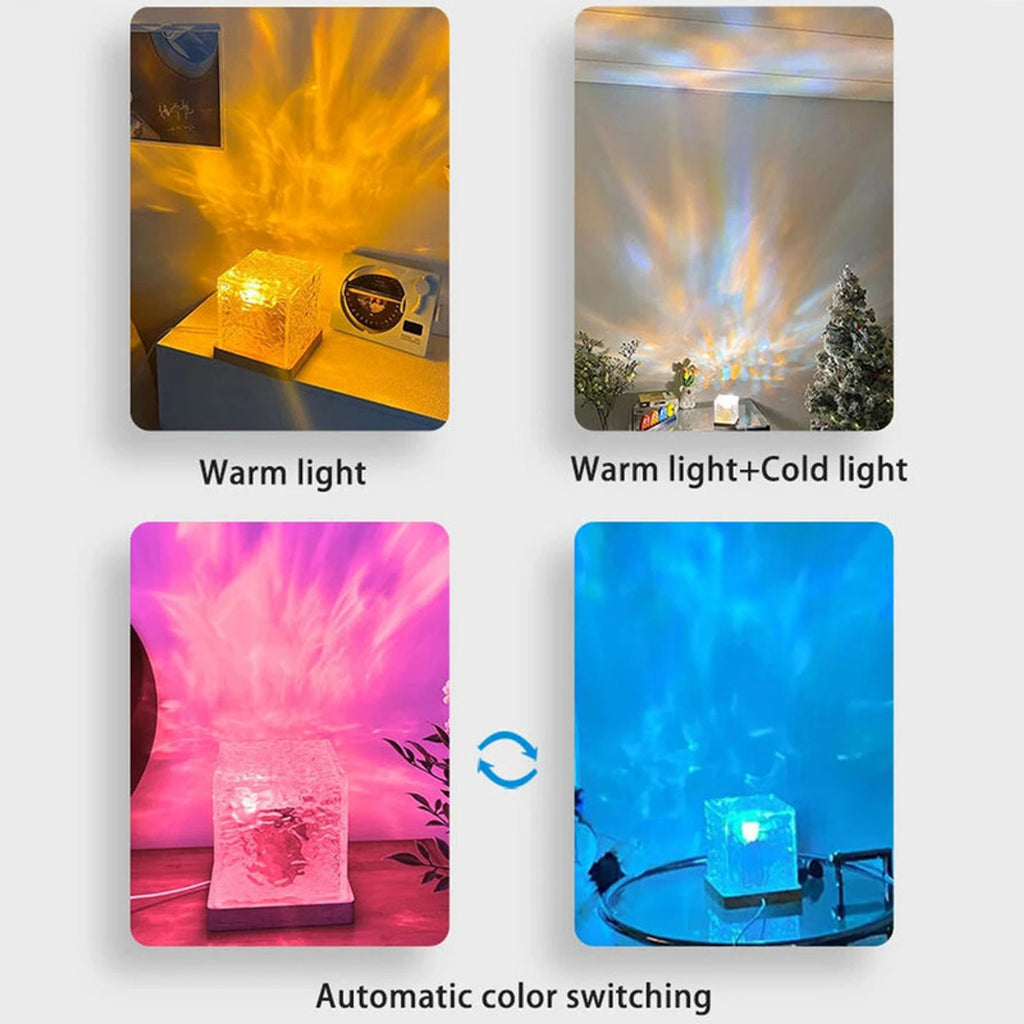 Crystal LED Ocean Wave Projector Cube Lamp – 16 Color Water Ripple Night Light (15cm)