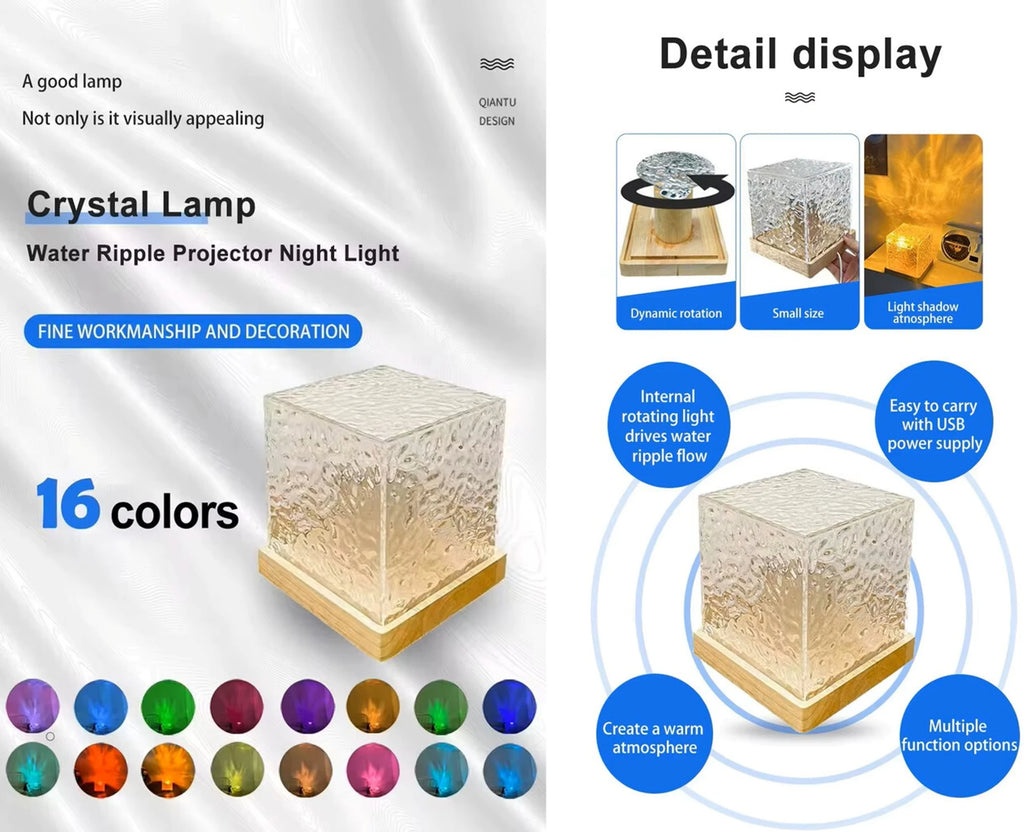 Crystal LED Ocean Wave Projector Cube Lamp – 16 Color Water Ripple Night Light (15cm)