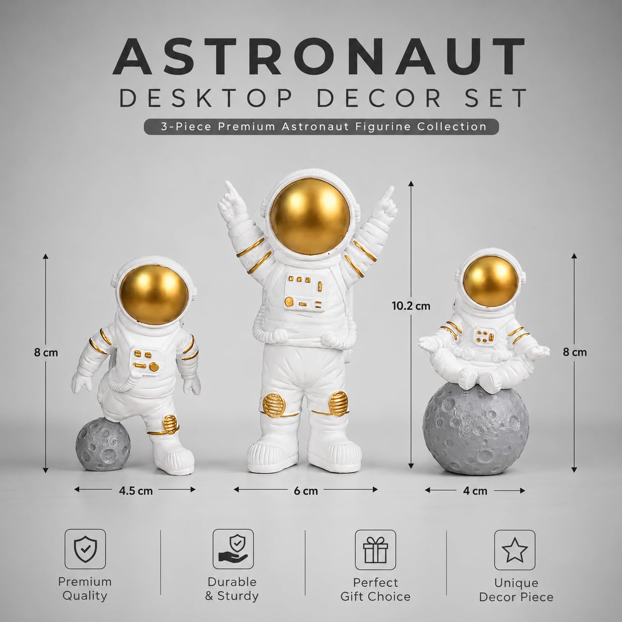 Resin Astronaut Spaceman Statue Ornament Home Office Desktop Figurine Decors Set of 3 - Golden (Golden)