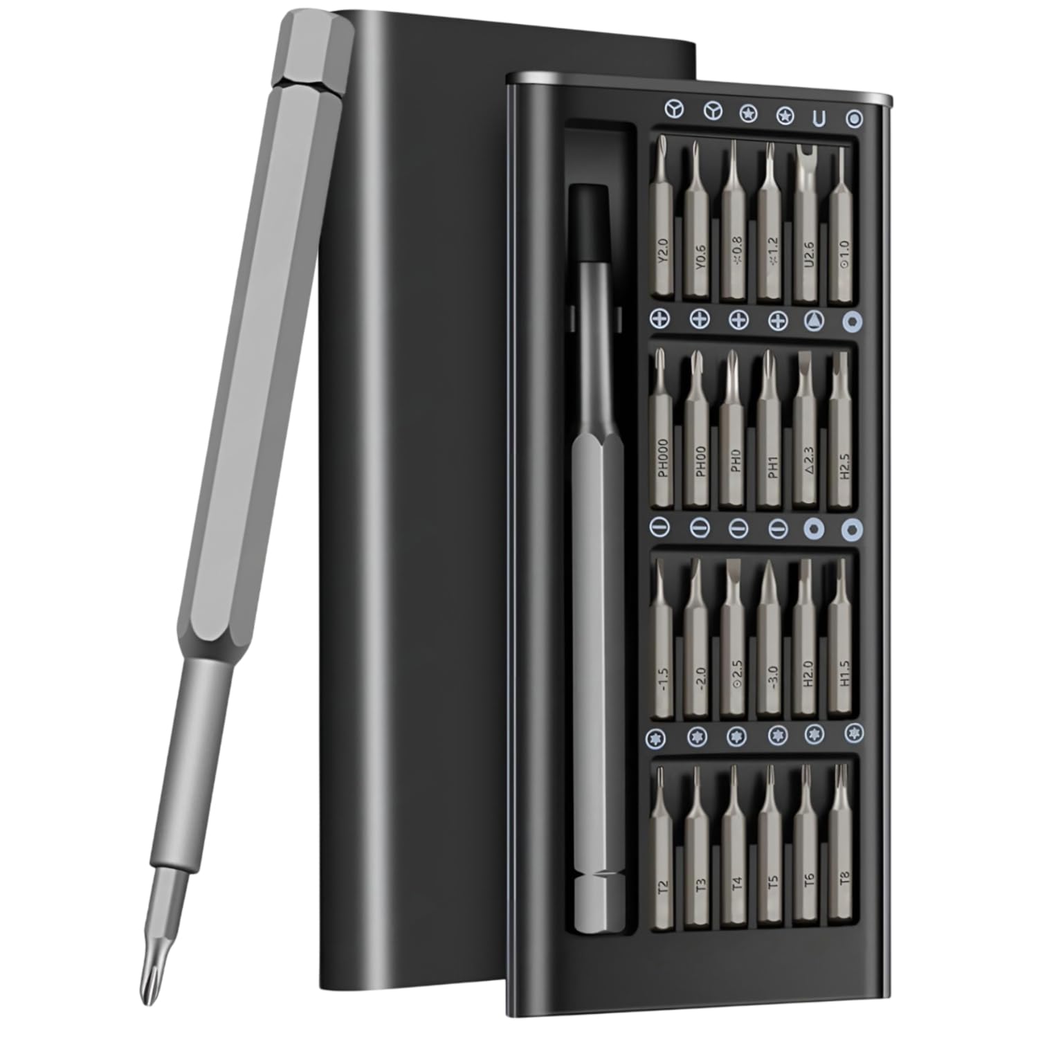 24-in-1 Precision Screwdriver Kit with Magnetic Handle - Compact Portable Case (Black)