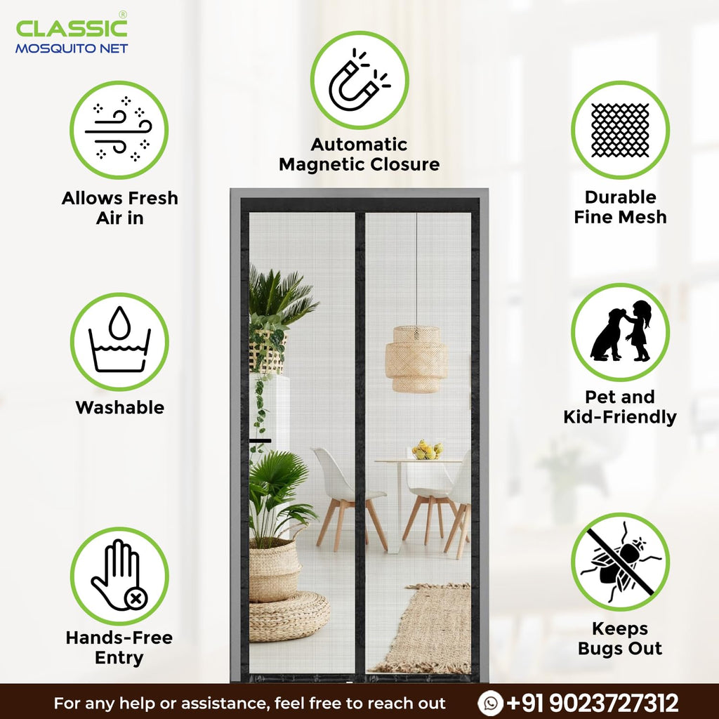 Classic Mosquito Net for Door Fiberglass Magnetic Curtain Auto Closing Insect Screen for All Door Types with Self Adhesive Hook Tape (200X100cms, Black)