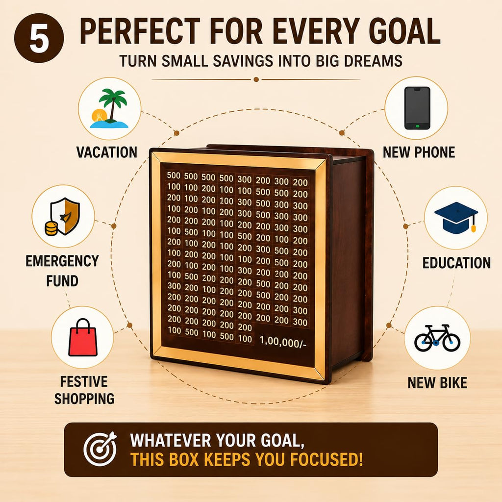Wooden Money Saving Box | Cash Saver Money Box with Counting Target | 1,00,000 Savings Challenge Piggy Bank | Coin & Cash Bank for Boys, Girls and Adult | Durable & Eco-Friendly| Modern
