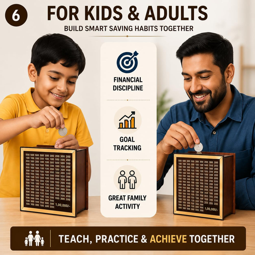 Wooden Money Saving Box | Cash Saver Money Box with Counting Target | 1,00,000 Savings Challenge Piggy Bank | Coin & Cash Bank for Boys, Girls and Adult | Durable & Eco-Friendly| Modern