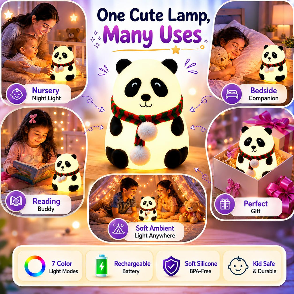 Rechargeable Silicone Panda Night Light - 7-Color LED Lamp for Kids (BPA-Free)