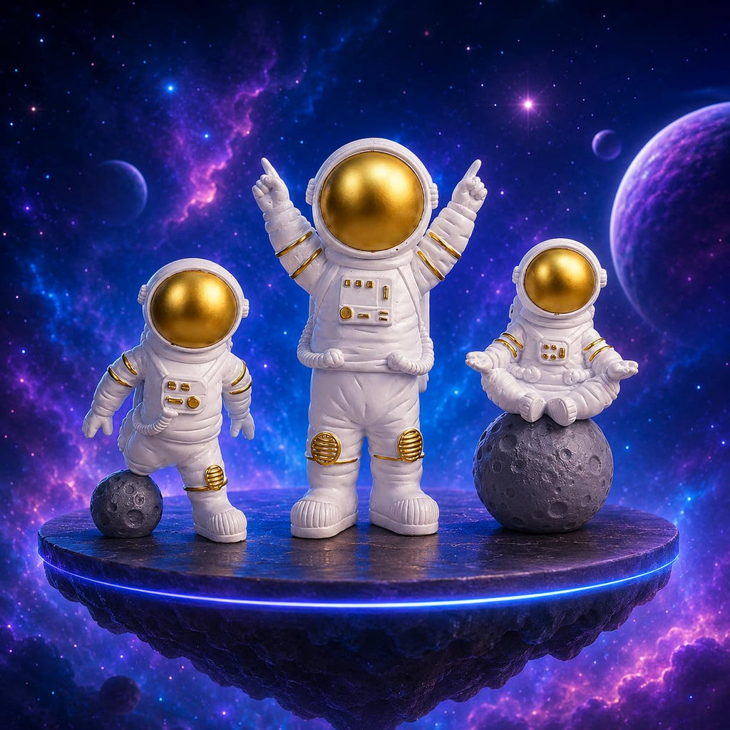 Resin Astronaut Spaceman Statue Ornament Home Office Desktop Figurine Decors Set of 3 - Golden (Golden)