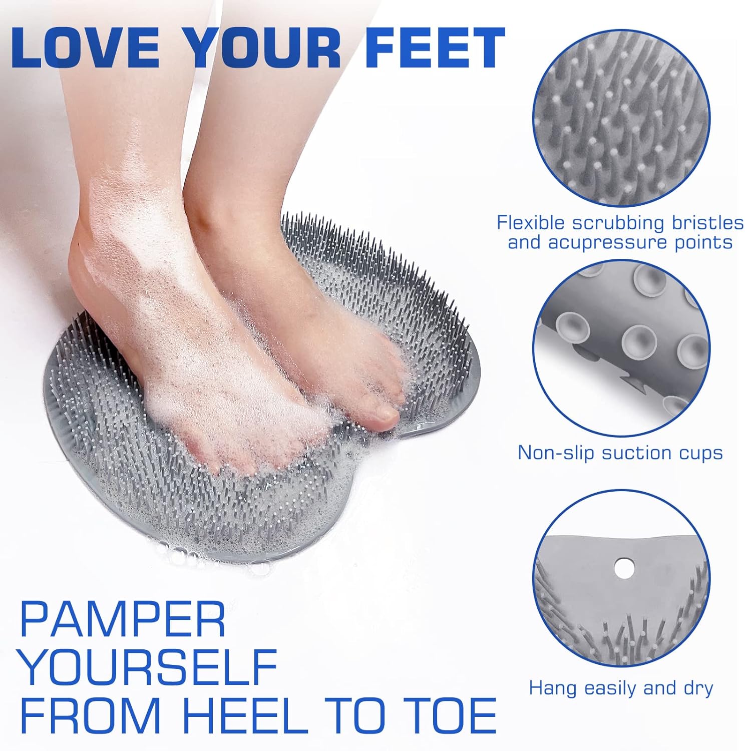 Shower Foot Massager Scrubber Mat Back Washer Exfoliating Bath Wash Pad Wall Mounted Slip Resistant Suction Cups Foot Cleaner for Men and Women (Grey)