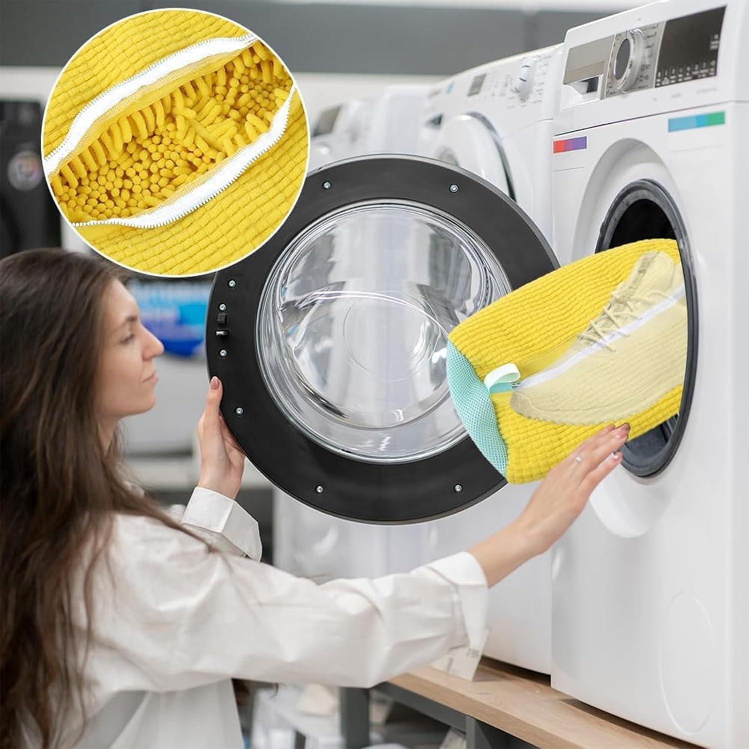 Shoe washing machine bag, Laundry shoe pouch for washer and dryer, Reusable and Durable Zipper Plush Washing Machine Bag for Sneakers, Delicates and Toys(Laundry Bag) (yellow, pack of1)