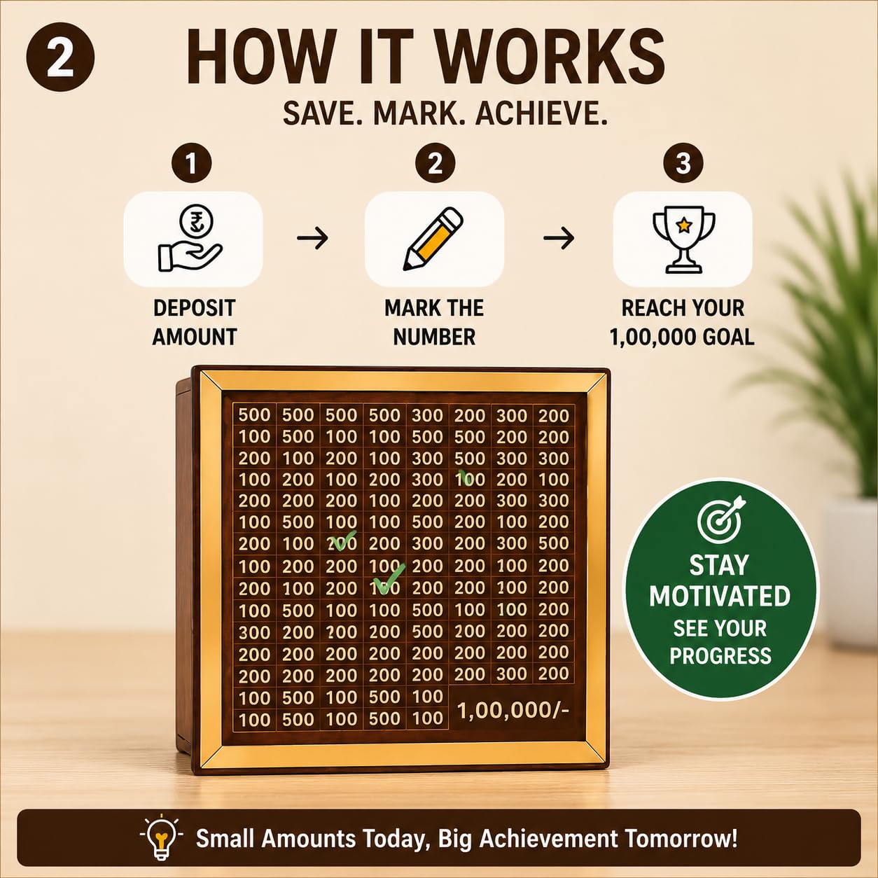 Wooden Money Saving Box | Cash Saver Money Box with Counting Target | 1,00,000 Savings Challenge Piggy Bank | Coin & Cash Bank for Boys, Girls and Adult | Durable & Eco-Friendly| Modern