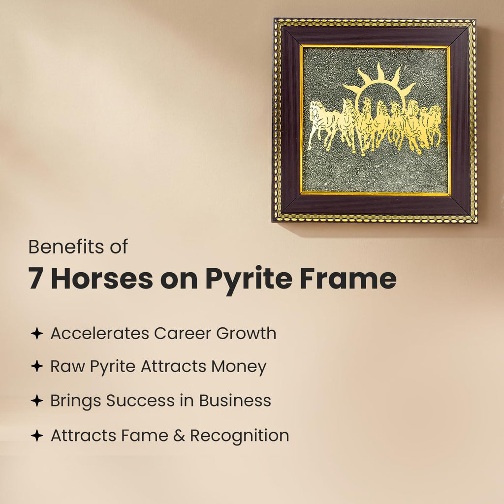 7 Horses Raw Pyrite Frame - Vastu Wall Decor for Success & Money (7.5x7.5")