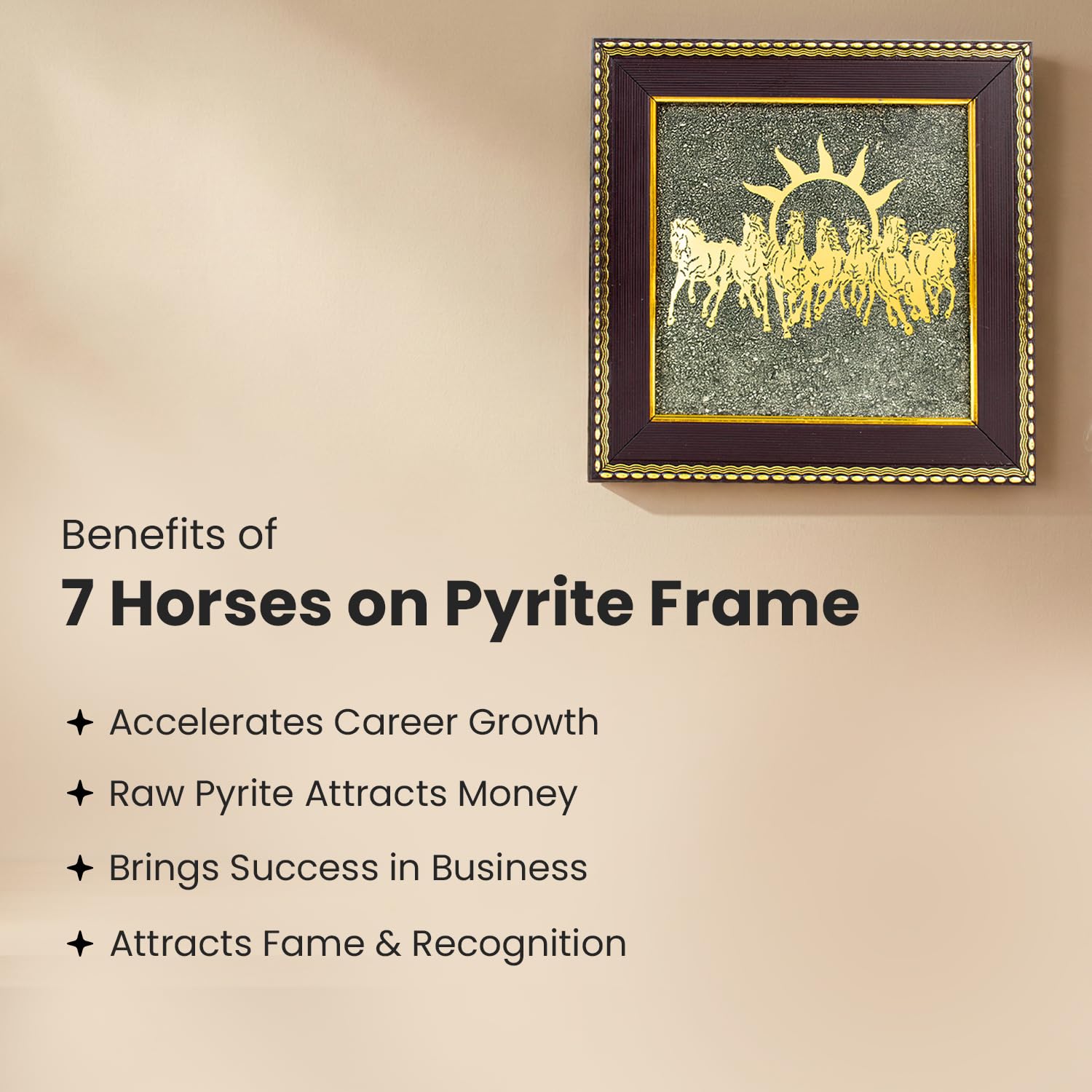 7 Horses Raw Pyrite Frame - Vastu Wall Decor for Success & Money (7.5x7.5")