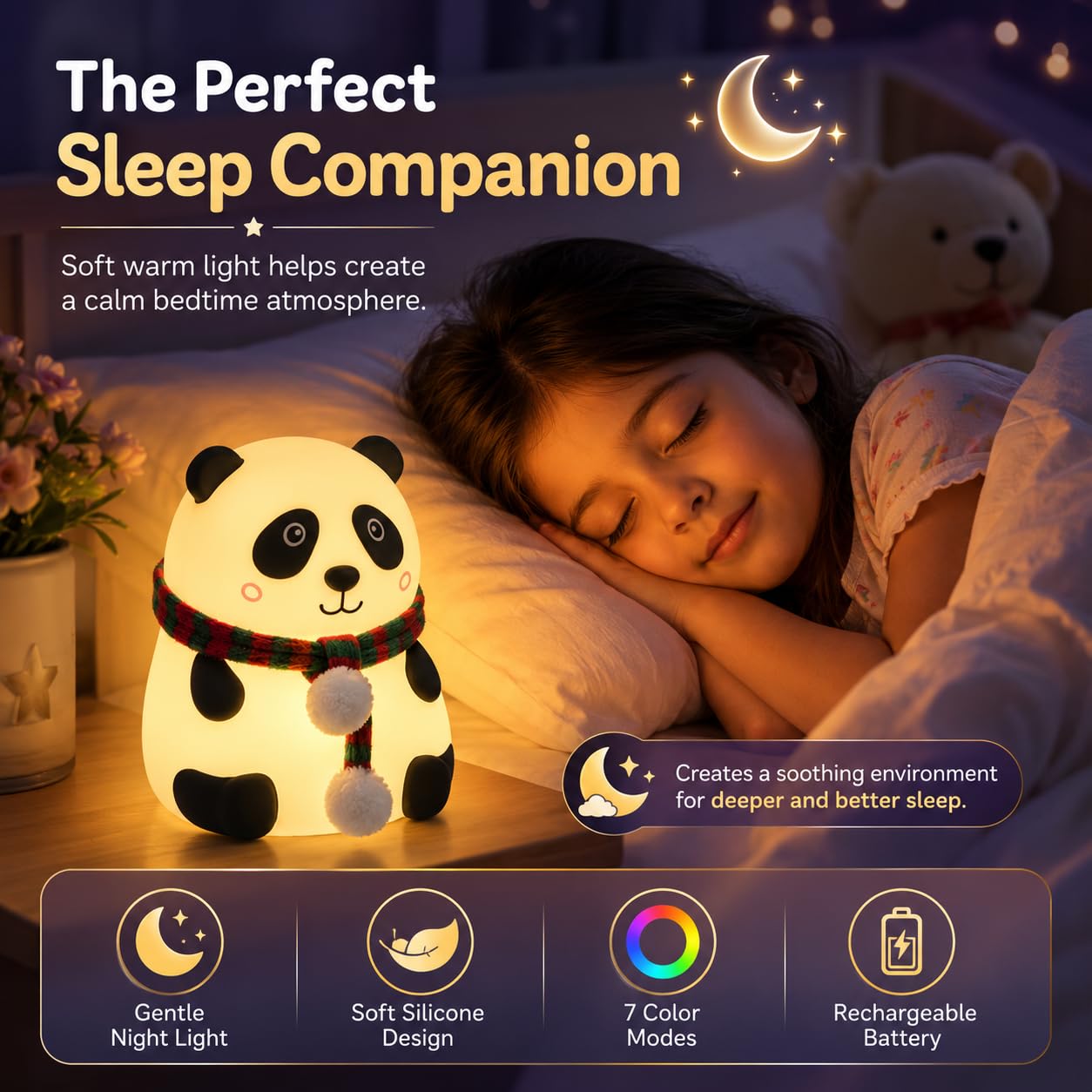 Rechargeable Silicone Panda Night Light - 7-Color LED Lamp for Kids (BPA-Free)