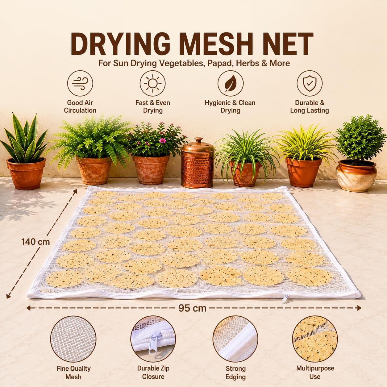 Unbleached Thin Cotton Papad,Vadagam, Spices, Millets Drying Cloth with Net [Breathable, Washable, Reusable] (Large 29X36 inches)