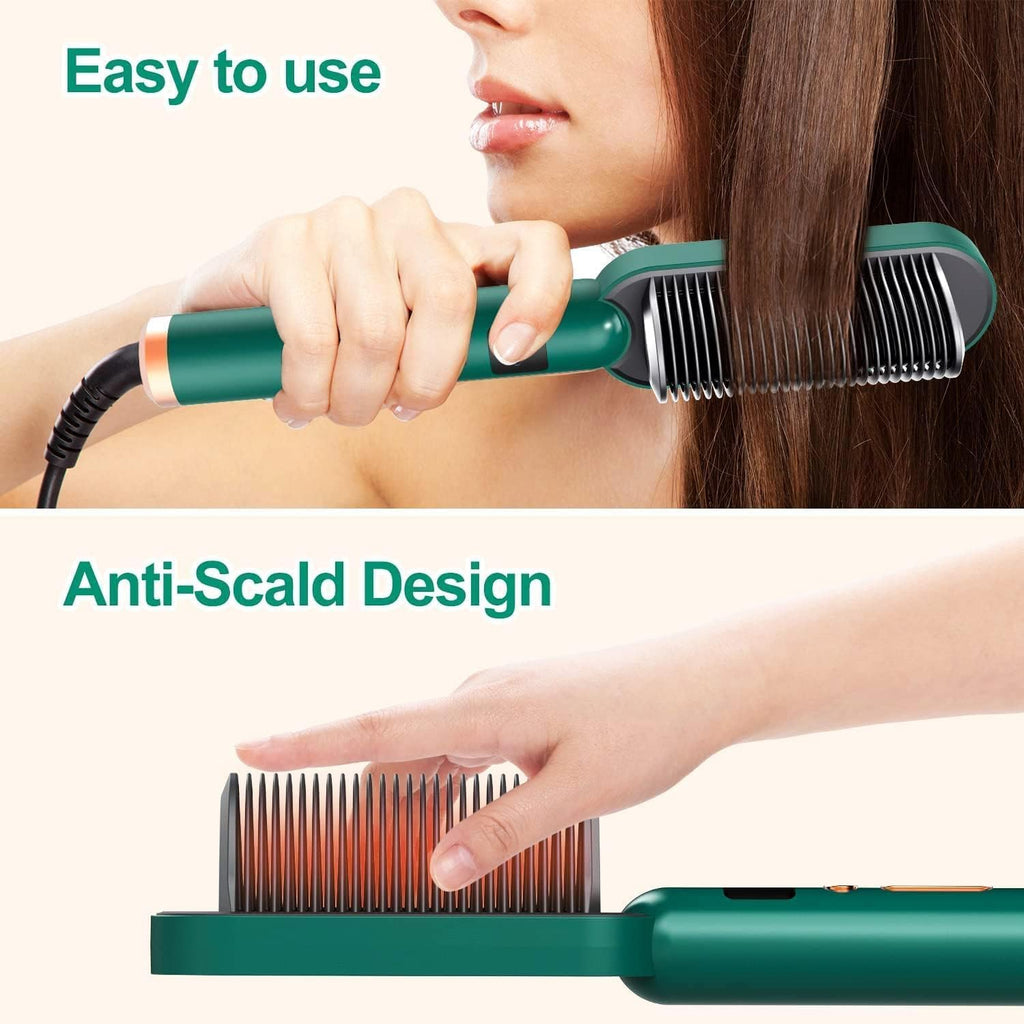 2-in-1 Ceramic Hair Straightening Brush - 30s Fast Heat, 5 Settings (Green)