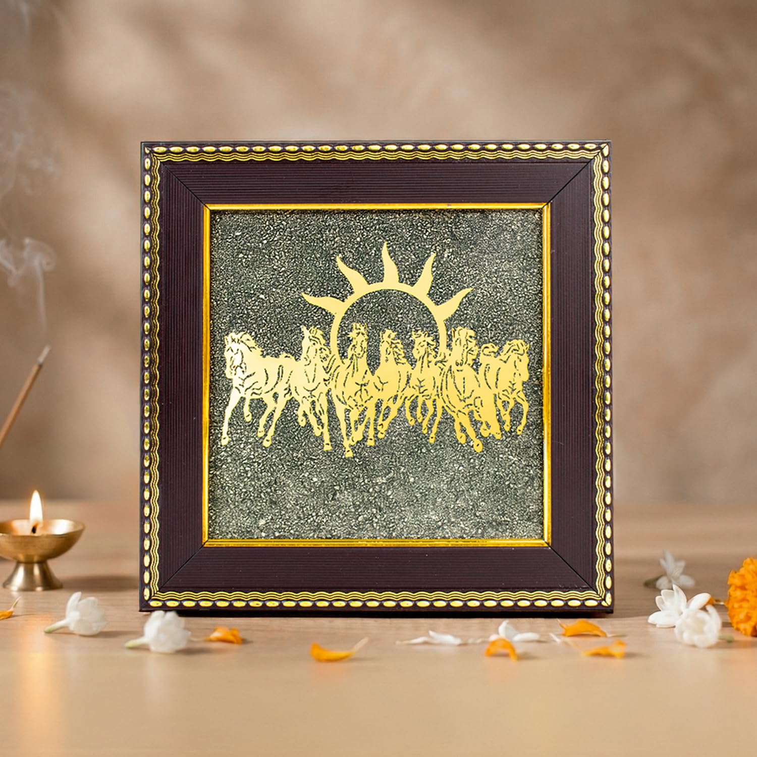 7 Horses Raw Pyrite Frame - Vastu Wall Decor for Success & Money (7.5x7.5")