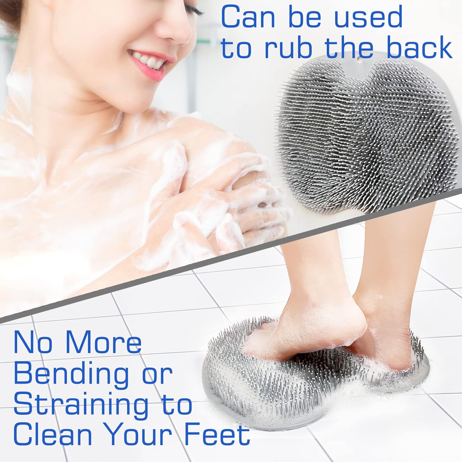 Shower Foot Massager Scrubber Mat Back Washer Exfoliating Bath Wash Pad Wall Mounted Slip Resistant Suction Cups Foot Cleaner for Men and Women (Grey)