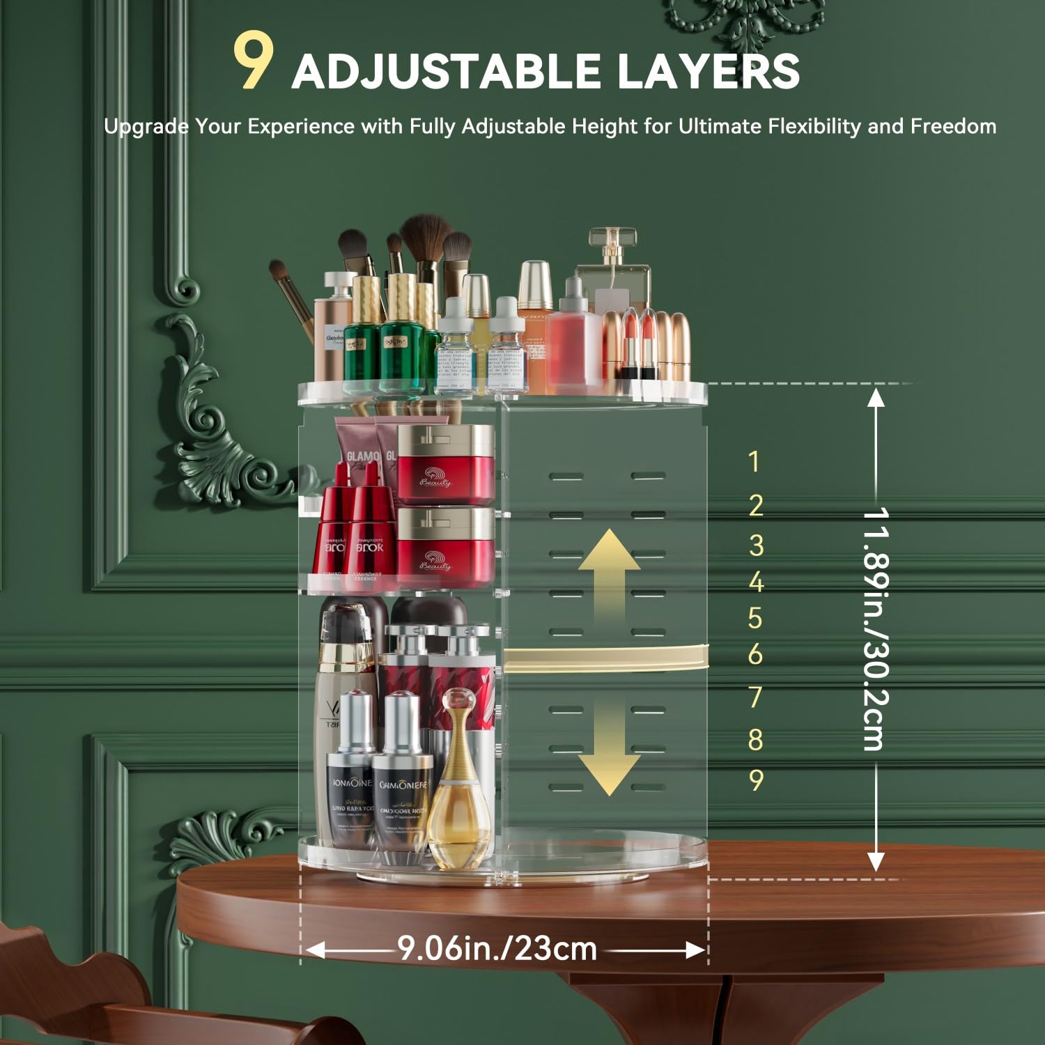 360 Rotating Makeup Organiser - 9-Tier Adjustable Spinning Storage Stand
