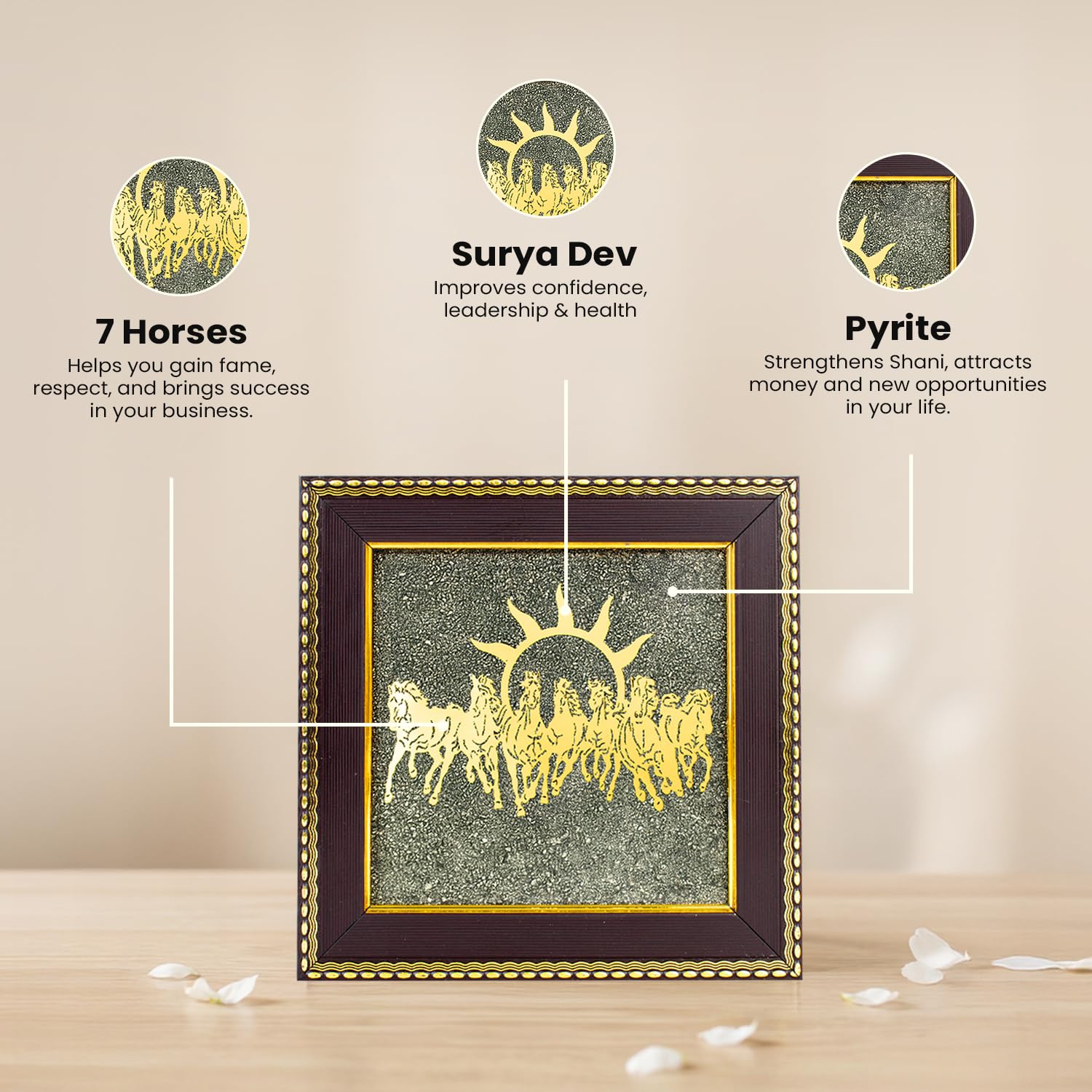 7 Horses Raw Pyrite Frame - Vastu Wall Decor for Success & Money (7.5x7.5")