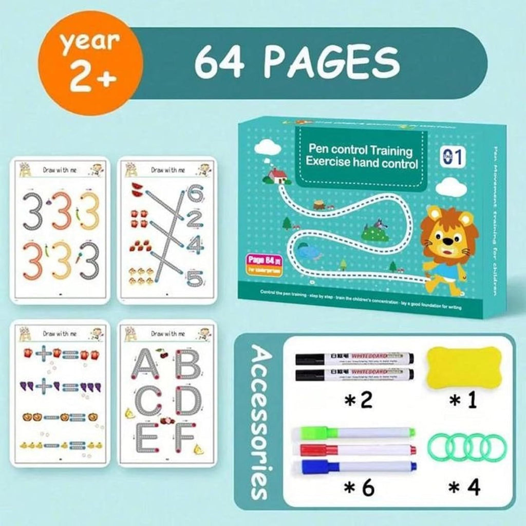 Reusable Magic Practice Copybook Kit for Kids, Writing Practice And Pen Control Workbook Set, Educational Learning Drawing Book, Lines, Shapes, Pattern For Montessori, Home, Preschool, 3-8 Age Kids