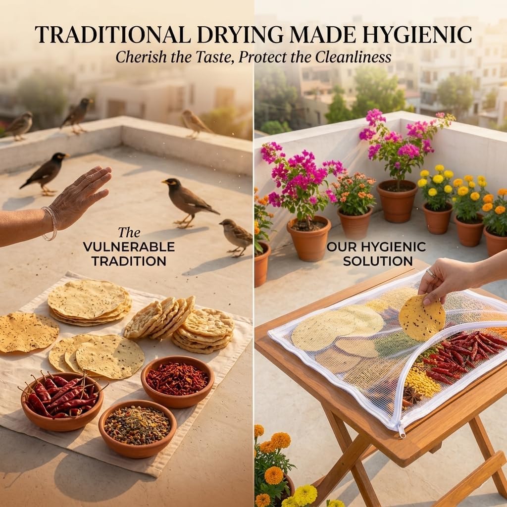 Unbleached Thin Cotton Papad,Vadagam, Spices, Millets Drying Cloth with Net [Breathable, Washable, Reusable] (Large 29X36 inches)