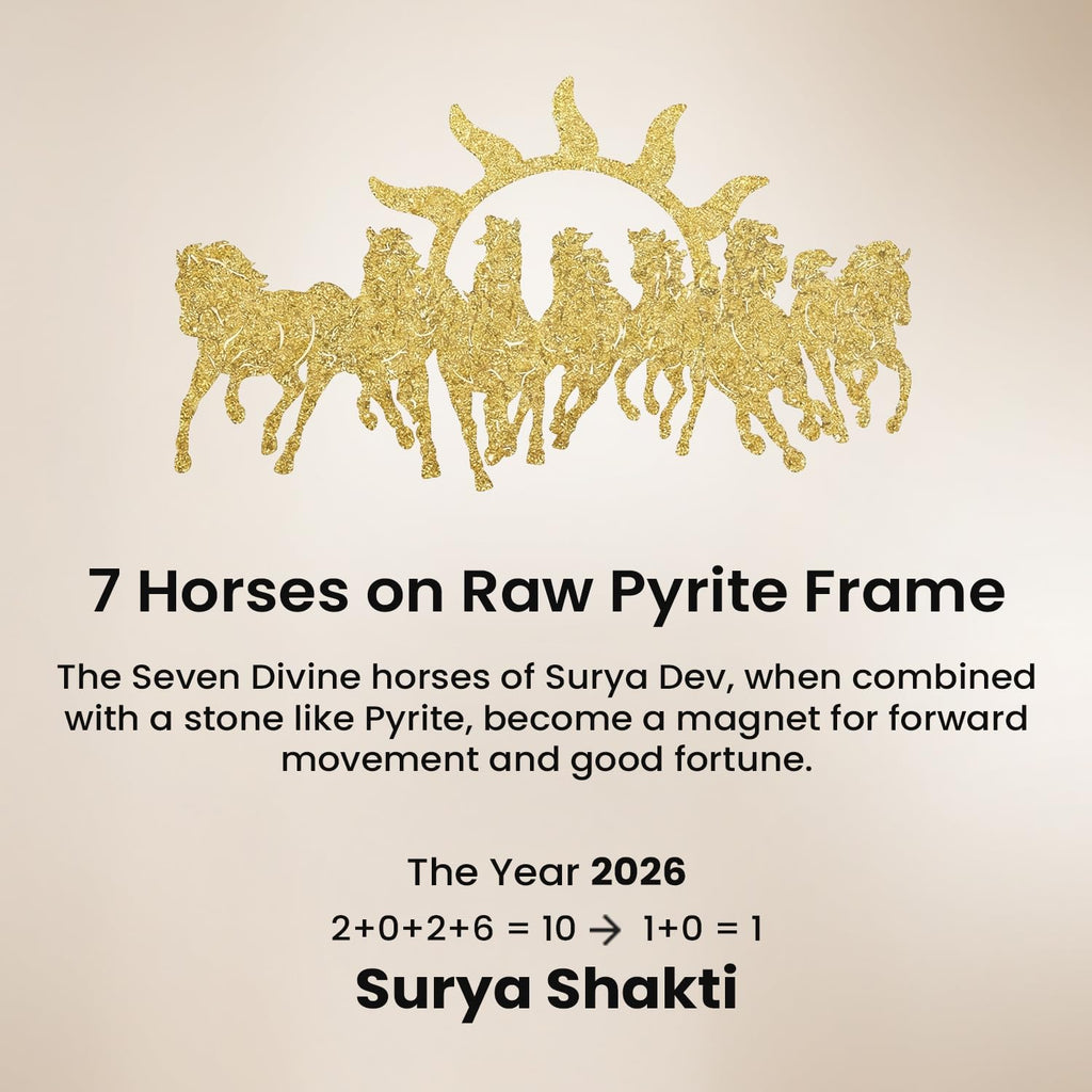 7 Horses Raw Pyrite Frame - Vastu Wall Decor for Success & Money (7.5x7.5")