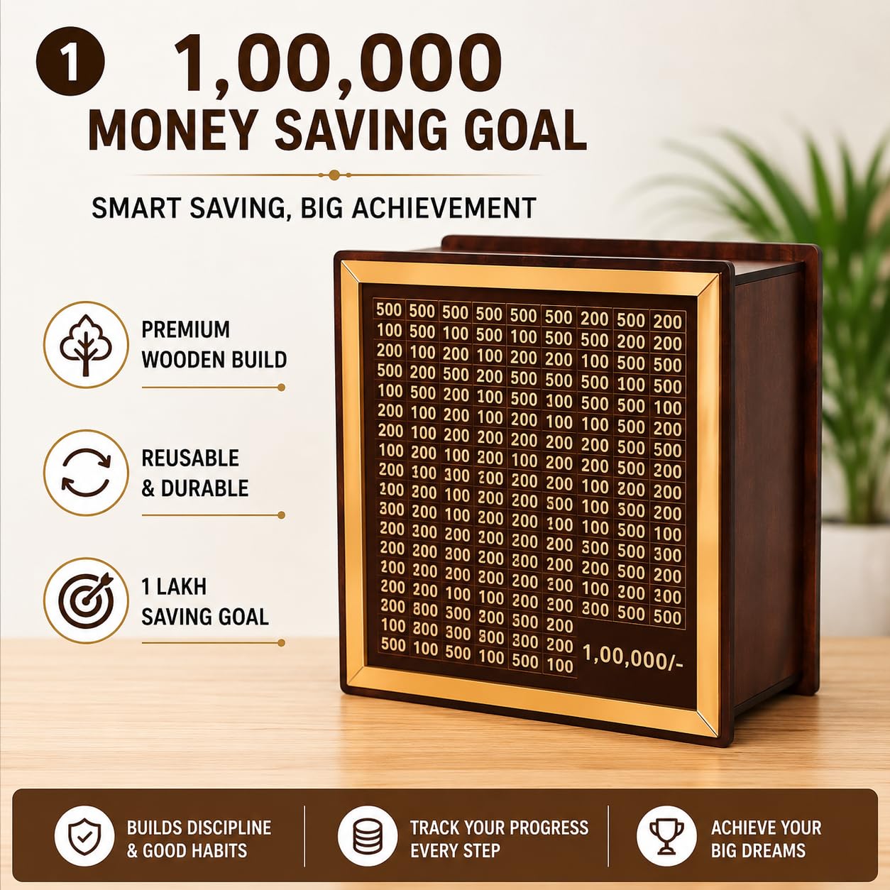 Wooden Money Saving Box | Cash Saver Money Box with Counting Target | 1,00,000 Savings Challenge Piggy Bank | Coin & Cash Bank for Boys, Girls and Adult | Durable & Eco-Friendly| Modern