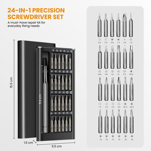 24-in-1 Precision Screwdriver Kit with Magnetic Handle - Compact Portable Case (Black)