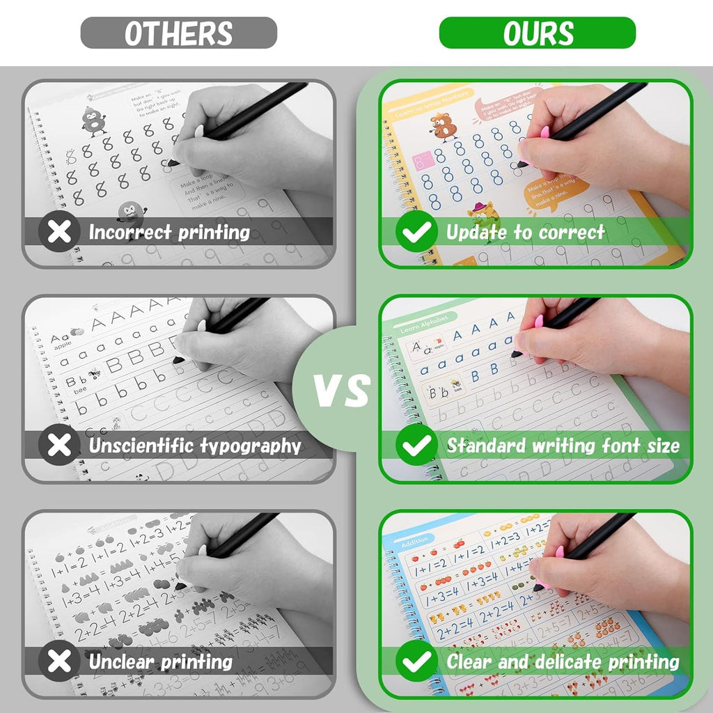 Sank Magic Practice Copybook for Kids - Reusable Handwriting and Number Tracing Set (4 Books, Magic Pen and 10 Refills)