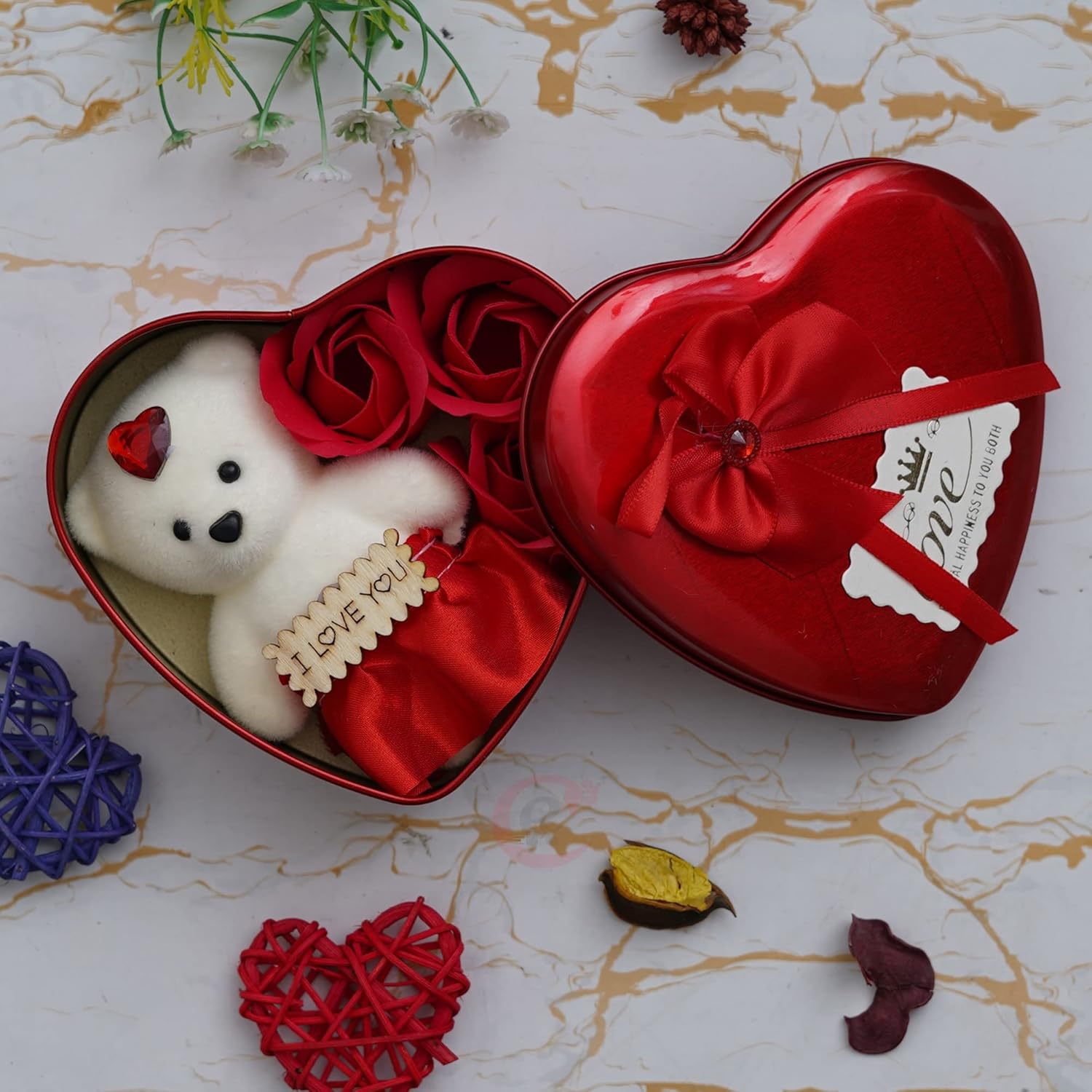 Heart Shaped Valentines Day Gift Box with I Love You Message Teddy Bear 3 Red Roses Valentine Gift for Girlfriend Boyfriend Husband Wife Valentines Day Gift Valentine Day Decoration Items