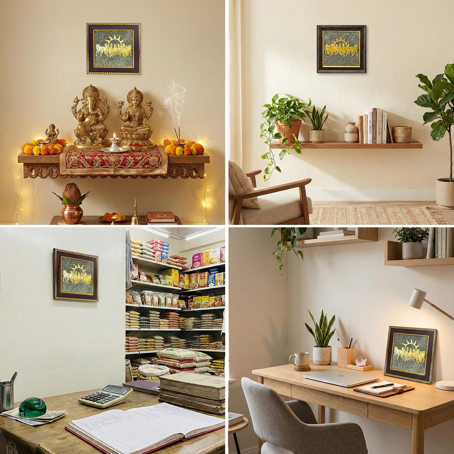 7 Horses Raw Pyrite Frame - Vastu Wall Decor for Success & Money (7.5x7.5")