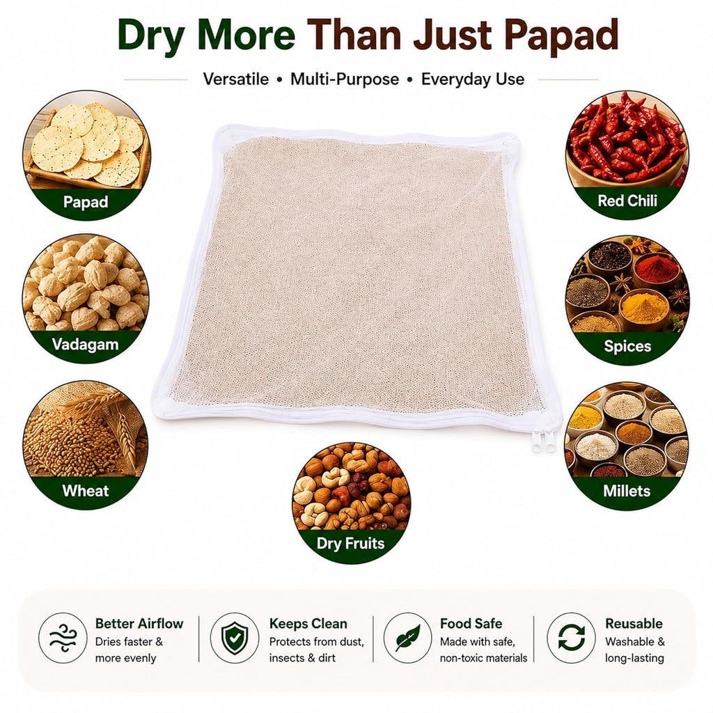 Unbleached Thin Cotton Papad,Vadagam, Spices, Millets Drying Cloth with Net [Breathable, Washable, Reusable] (Large 29X36 inches)
