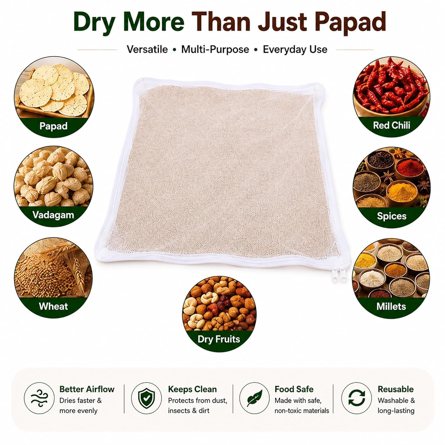 Unbleached Thin Cotton Papad,Vadagam, Spices, Millets Drying Cloth with Net [Breathable, Washable, Reusable] (Large 29X36 inches)