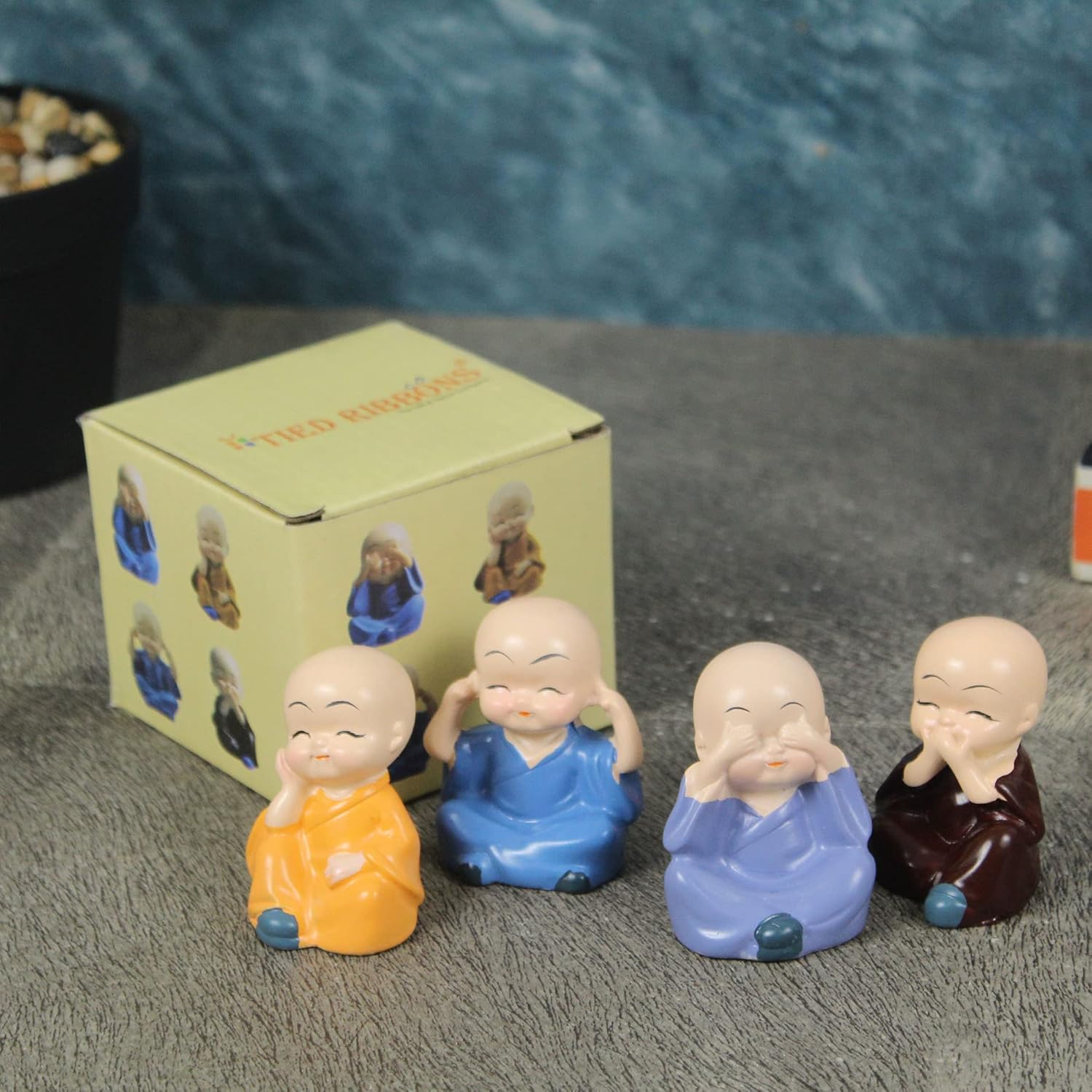 Set of 4 Miniature Buddha Monk Statues - Home Decor & Gift (Resin, Multicolour)