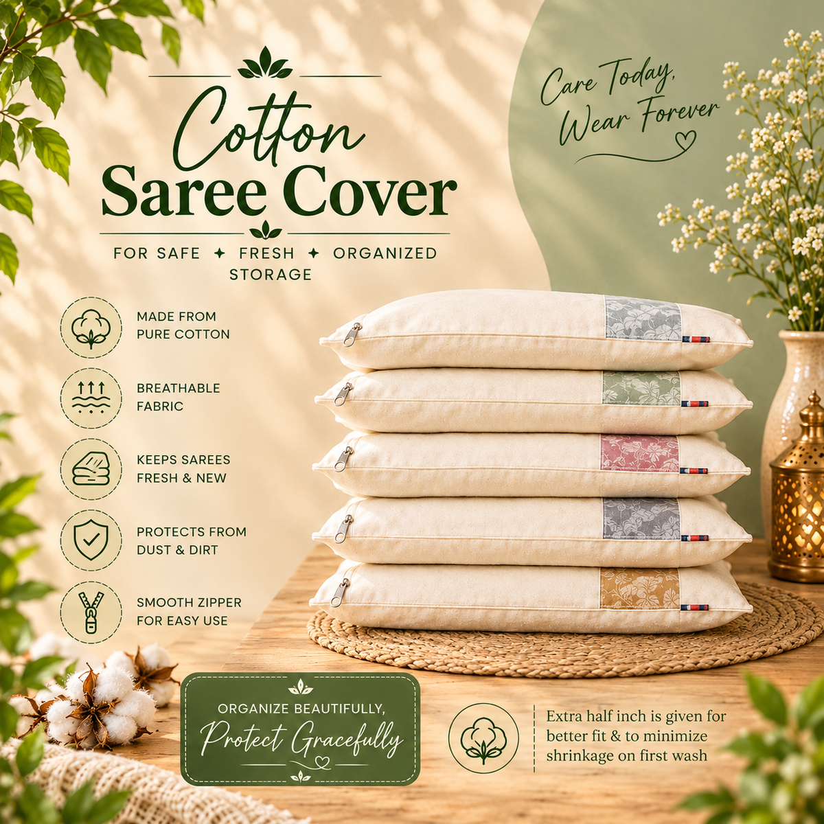 Cotton Saree Cover Bags – Clothes Storage & Wardrobe Organizer (Pack of 12)