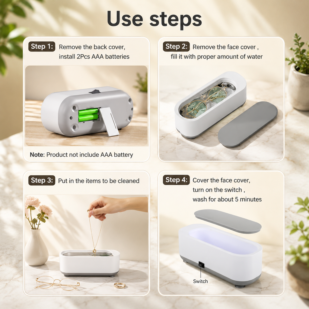 Portable Ultrasonic Jewellery & Glasses Cleaner – Deep Clean in Minutes