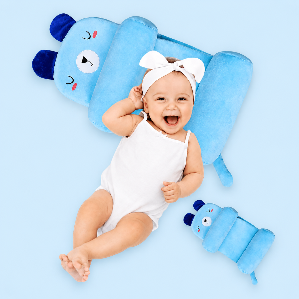 Baby Head Shaping Pillow with Side Support - Newborn Sleep Positioner (Bear Sky Blue)