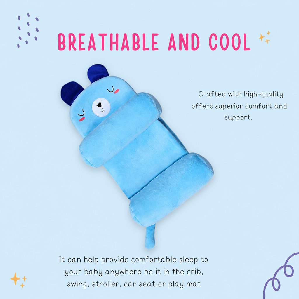 Baby Head Shaping Pillow with Side Support - Newborn Sleep Positioner (Bear Sky Blue)
