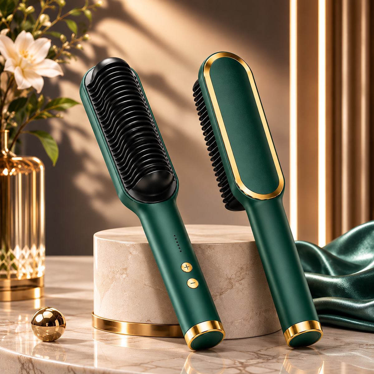 2-in-1 Ceramic Hair Straightening Brush - 30s Fast Heat, 5 Settings (Green)