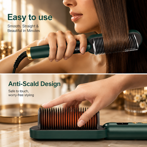 2-in-1 Ceramic Hair Straightening Brush - 30s Fast Heat, 5 Settings (Green)