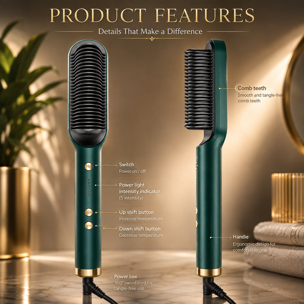 2-in-1 Ceramic Hair Straightening Brush - 30s Fast Heat, 5 Settings (Green)