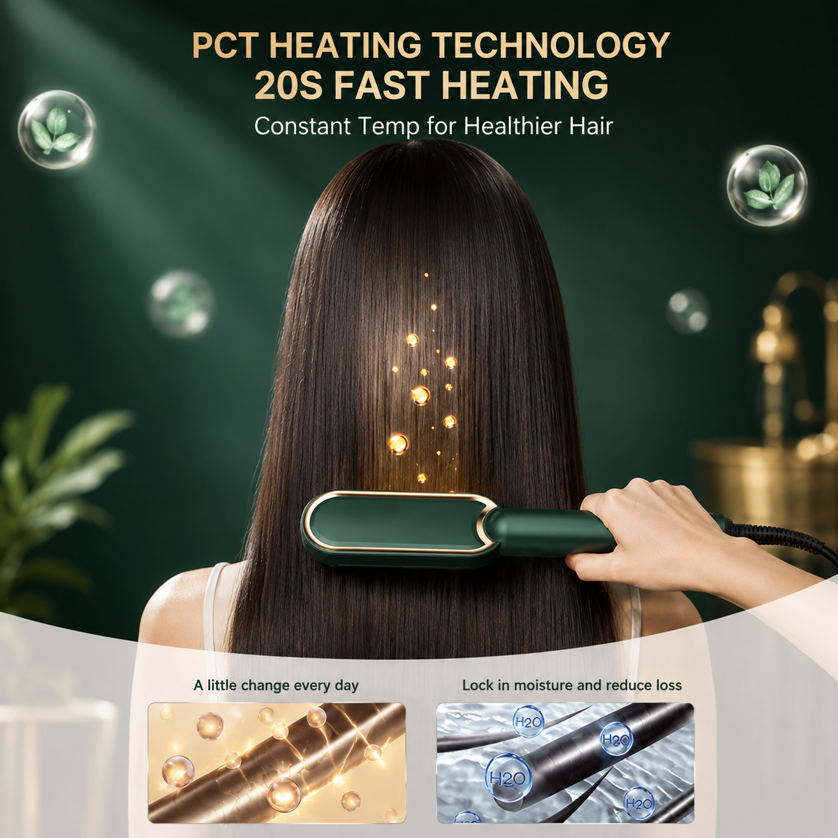 2-in-1 Ceramic Hair Straightening Brush - 30s Fast Heat, 5 Settings (Green)