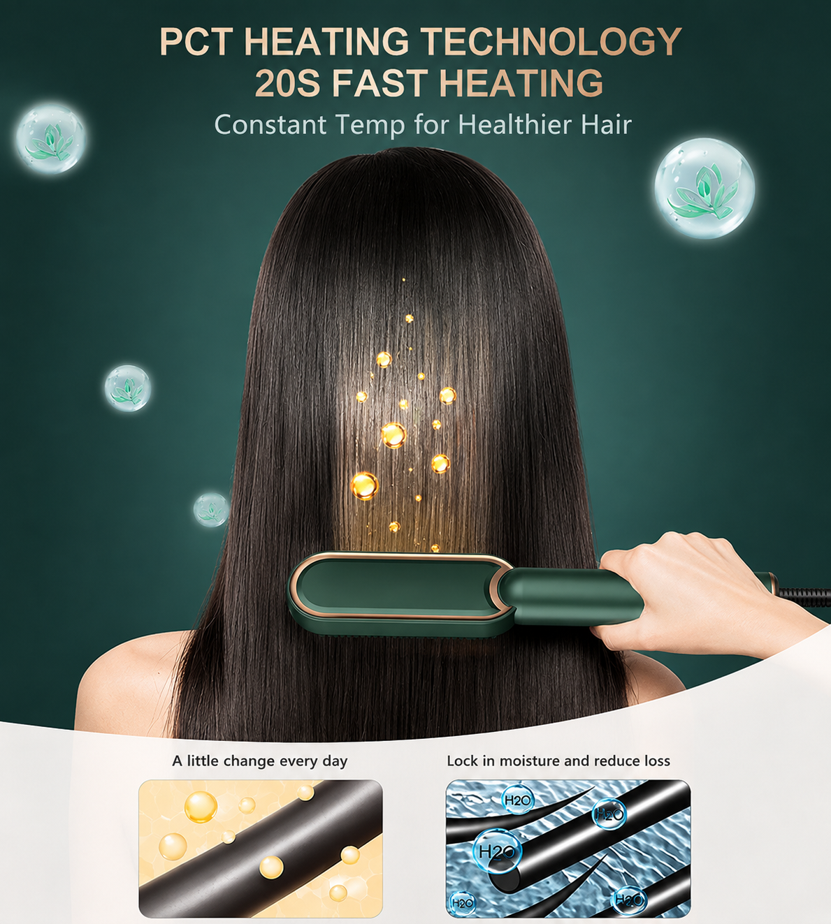 2-in-1 Ceramic Hair Straightening Brush - 30s Fast Heat, 5 Settings (Green)