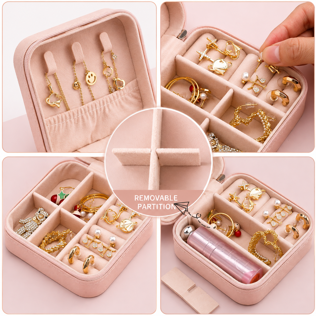 Faux Leather Mini Jewelry Travel Case,Small Travel Jewelry Organizer, Portable Jewelry Box Travel Mini Storage Organizer Portable Display Storage Box For Rings Earrings Necklaces Gifts (Pink)