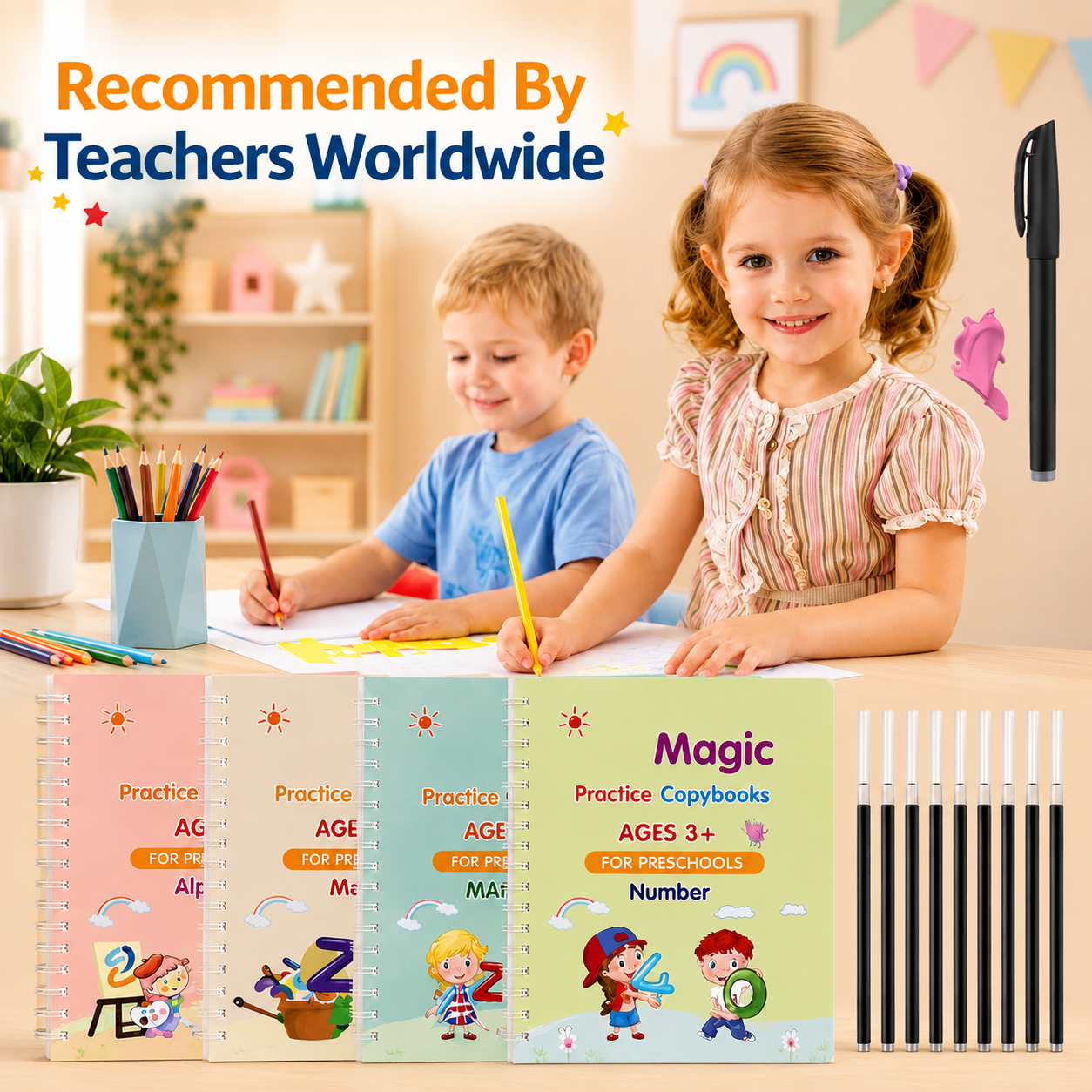 Sank Magic Practice Copybook for Kids - Reusable Handwriting and Number Tracing Set (4 Books, Magic Pen and 10 Refills)