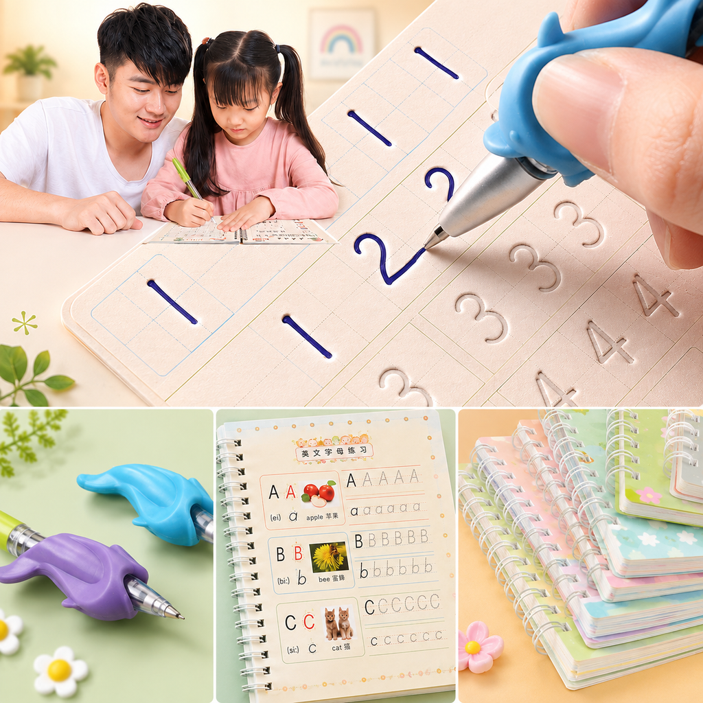 Sank Magic Practice Copybook for Kids - Reusable Handwriting and Number Tracing Set (4 Books, Magic Pen and 10 Refills)