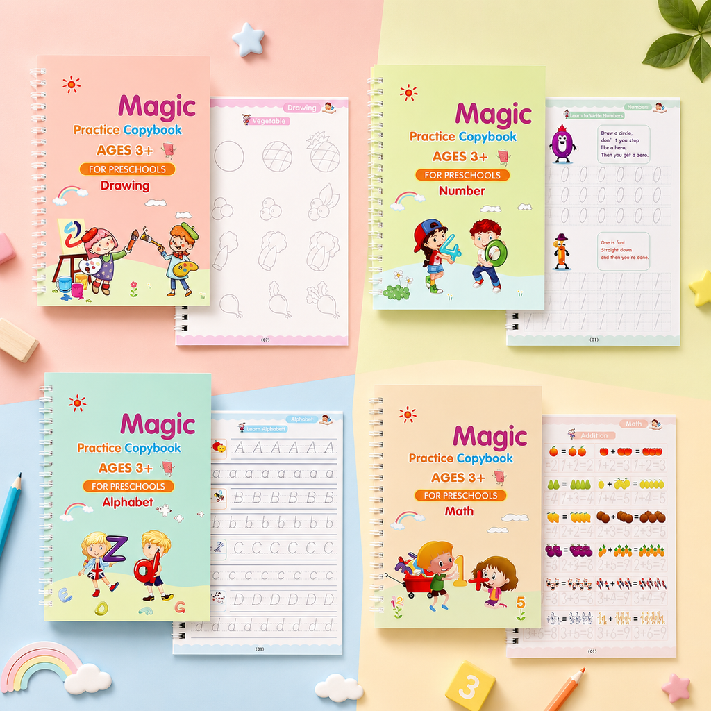 Sank Magic Practice Copybook for Kids - Reusable Handwriting and Number Tracing Set (4 Books, Magic Pen and 10 Refills)