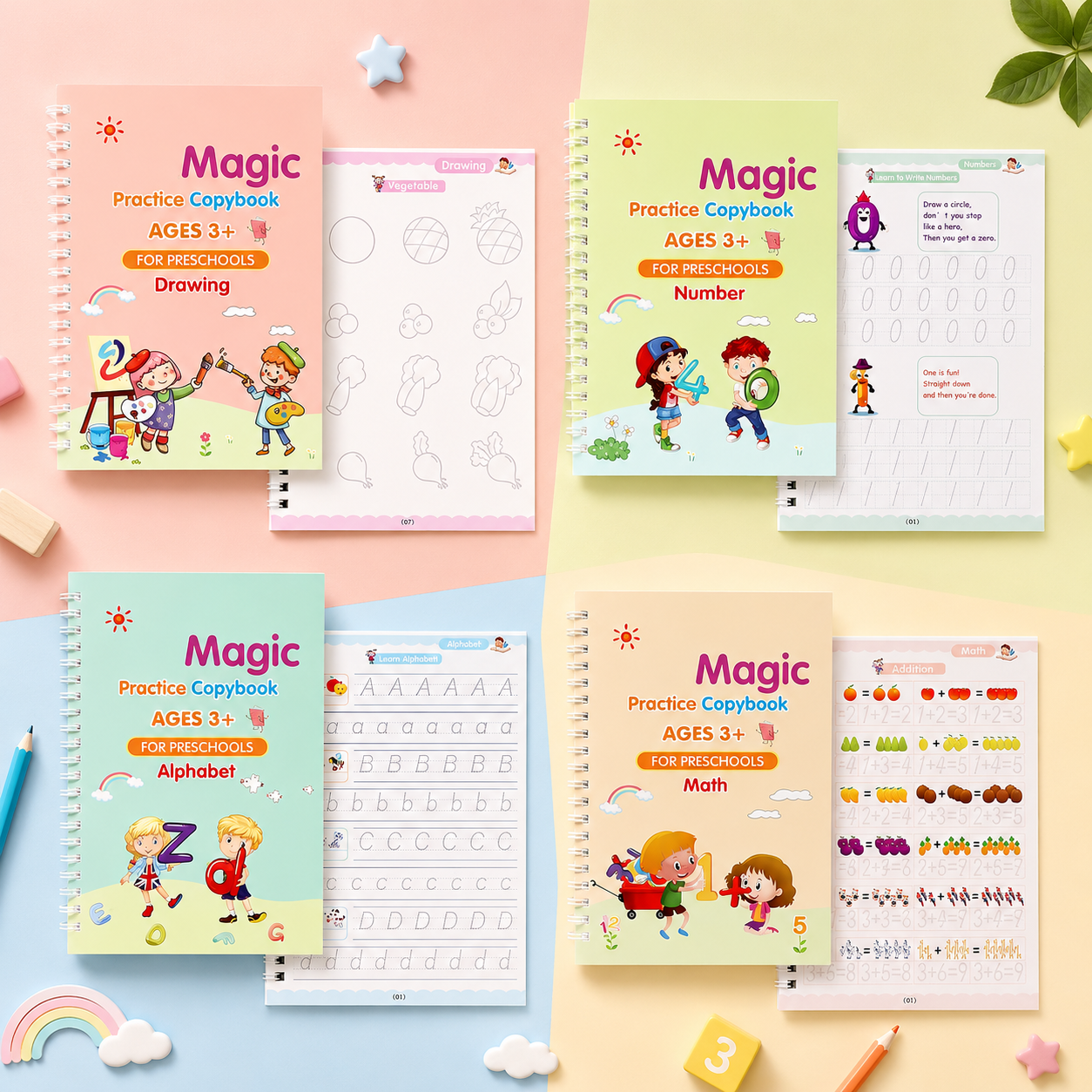 Sank Magic Practice Copybook for Kids - Reusable Handwriting and Number Tracing Set (4 Books, Magic Pen and 10 Refills)