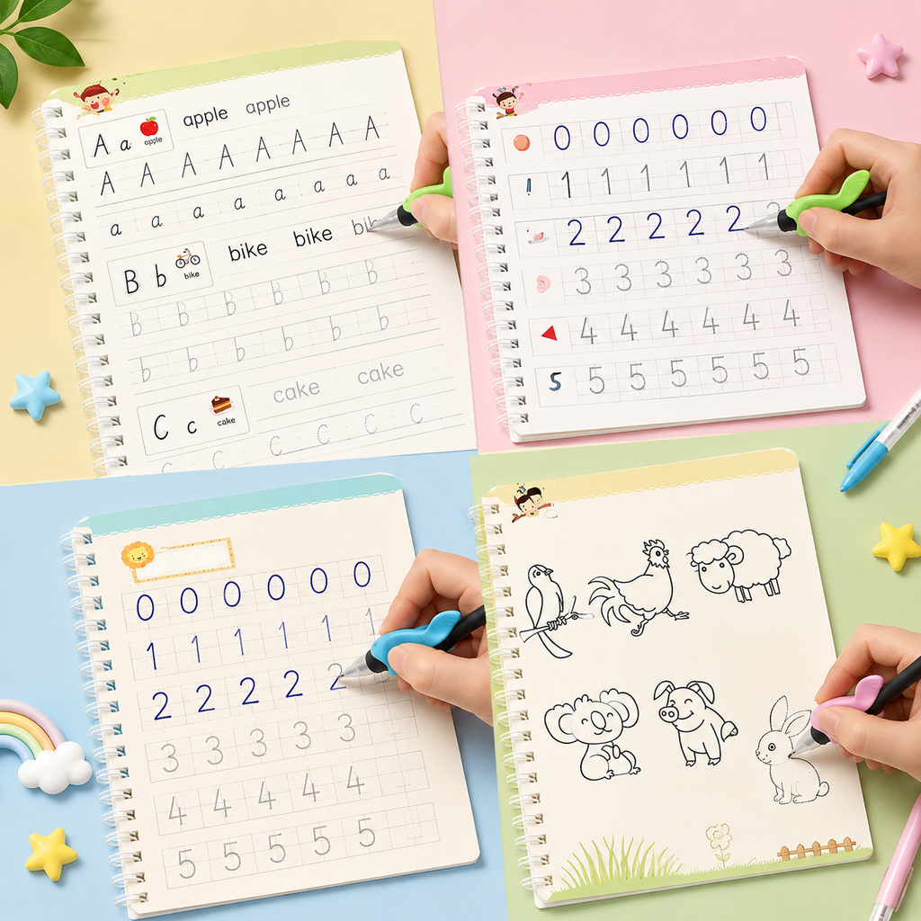 Sank Magic Practice Copybook for Kids - Reusable Handwriting and Number Tracing Set (4 Books, Magic Pen and 10 Refills)