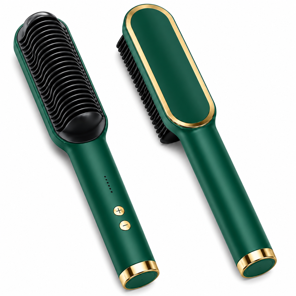 2-in-1 Ceramic Hair Straightening Brush - 30s Fast Heat, 5 Settings (Green)